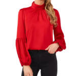 CeCe Blouson-Sleeve Mock-Neck Blouse Women's XL Stoplight Red Button Back L/S