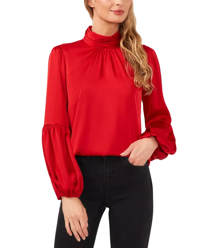 CeCe Blouson-Sleeve Mock-Neck Blouse Women's XL Stoplight Red Button Back L/S