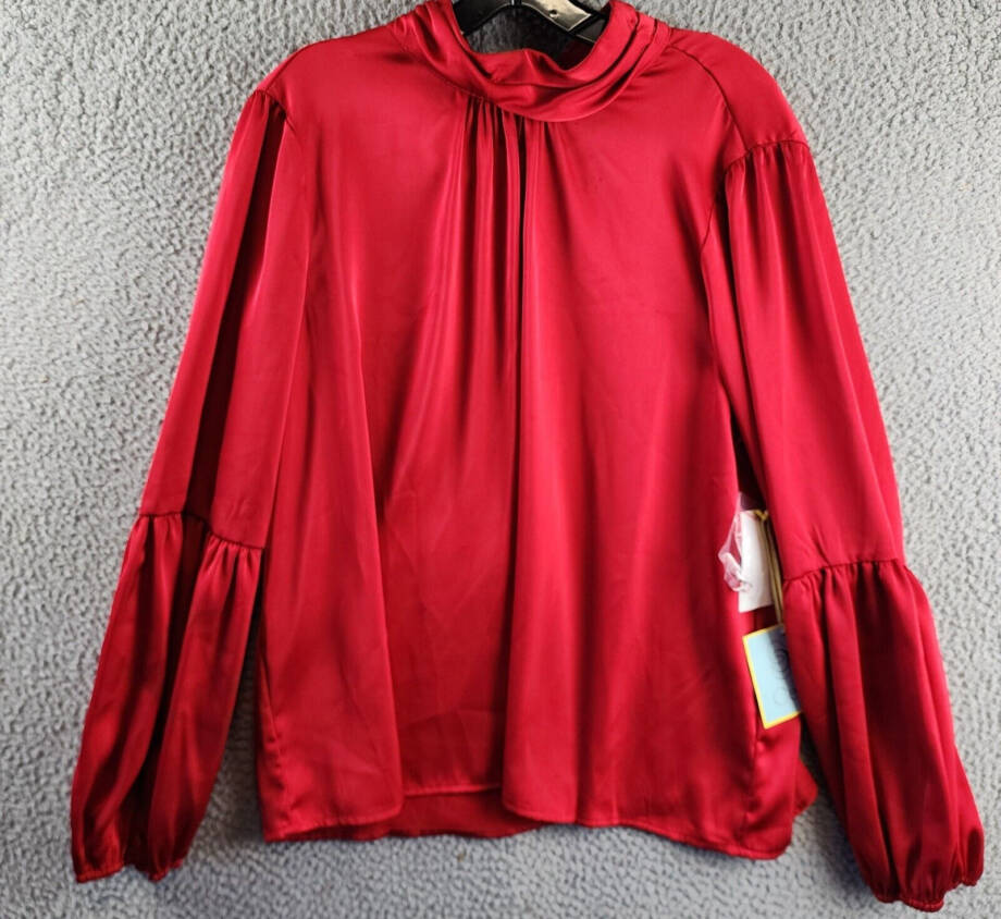 CeCe Blouson-Sleeve Mock-Neck Blouse Women's XL Stoplight Red Button Back L/S