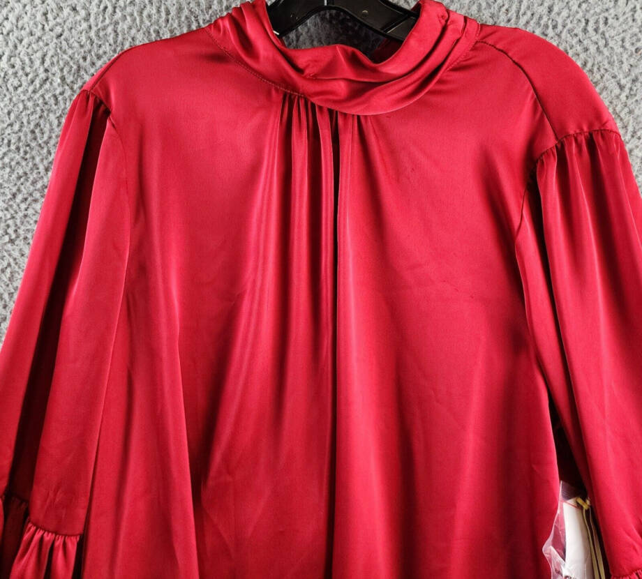 CeCe Blouson-Sleeve Mock-Neck Blouse Women's XL Stoplight Red Button Back L/S