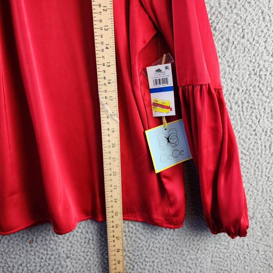 CeCe Blouson-Sleeve Mock-Neck Blouse Women's XL Stoplight Red Button Back L/S