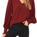 CeCe Solid Smocked-Cuff V-Neck Charmeuse Blouse Women's S Claret Red Long Sleeve