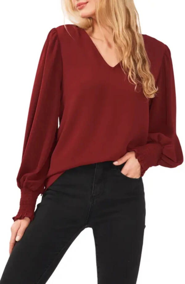 CeCe Solid Smocked-Cuff V-Neck Charmeuse Blouse Women's S Claret Red Long Sleeve