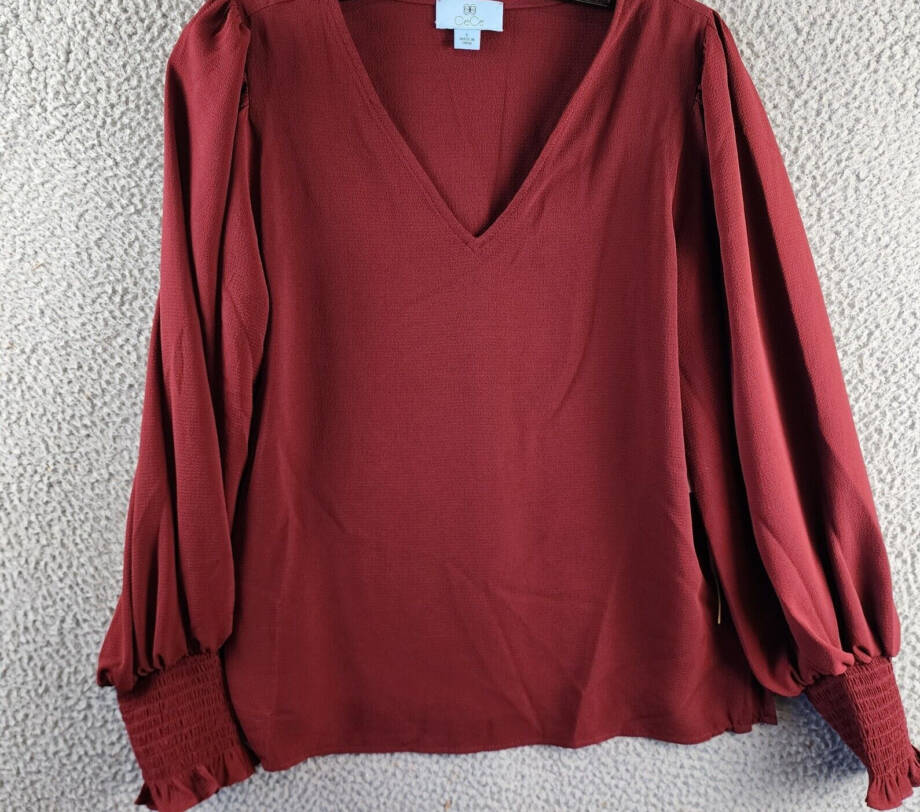 CeCe Solid Smocked-Cuff V-Neck Charmeuse Blouse Women's S Claret Red Long Sleeve