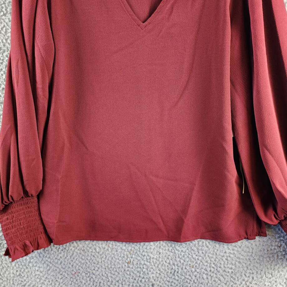 CeCe Solid Smocked-Cuff V-Neck Charmeuse Blouse Women's S Claret Red Long Sleeve
