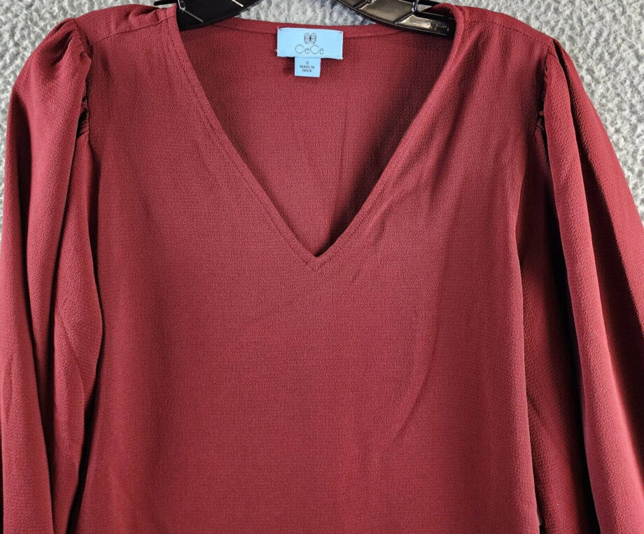 CeCe Solid Smocked-Cuff V-Neck Charmeuse Blouse Women's S Claret Red Long Sleeve