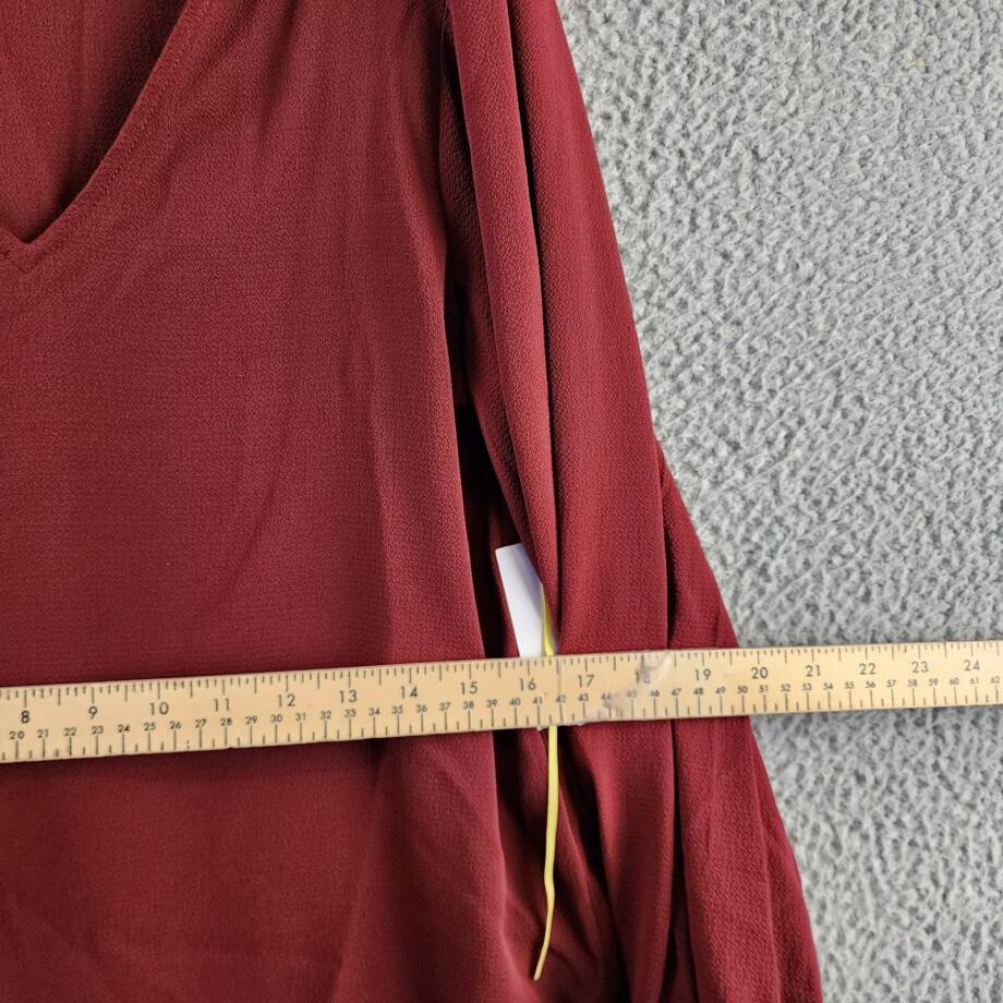 CeCe Solid Smocked-Cuff V-Neck Charmeuse Blouse Women's S Claret Red Long Sleeve