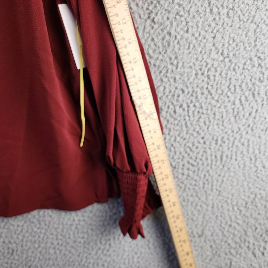 CeCe Solid Smocked-Cuff V-Neck Charmeuse Blouse Women's S Claret Red Long Sleeve
