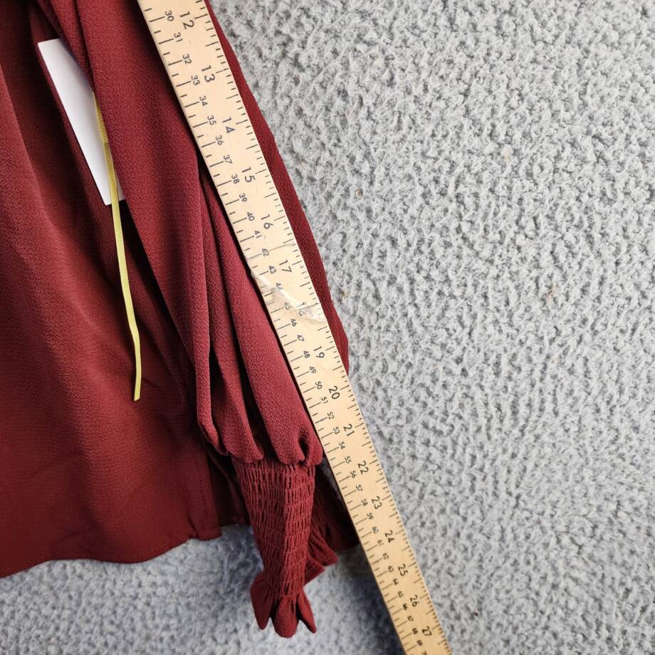 CeCe Solid Smocked-Cuff V-Neck Charmeuse Blouse Women's S Claret Red Long Sleeve