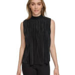 Calvin Klein Plisse Mock-Neck Sleeveless Top Women's S Black Back Zip Closure