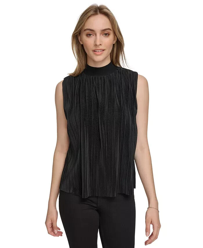 Calvin Klein Plisse Mock-Neck Sleeveless Top Women's S Black Back Zip Closure