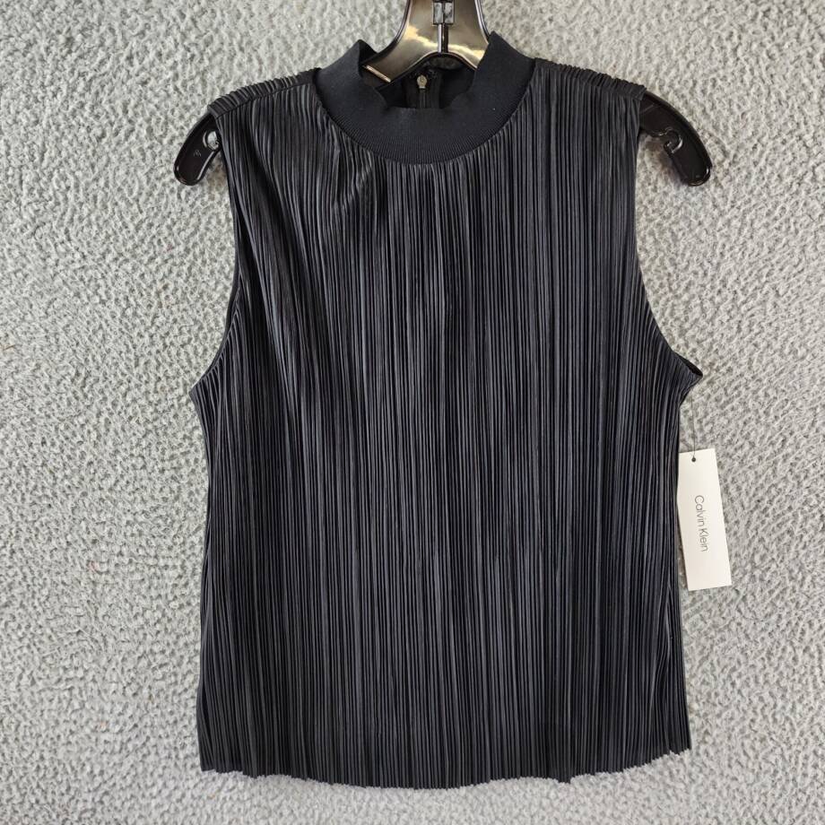 Calvin Klein Plisse Mock-Neck Sleeveless Top Women's S Black Back Zip Closure