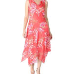 Robbie Bee Petite Floral Handkerchief-Hem Cowl-Neck Dress Women's 8P Coral Multi