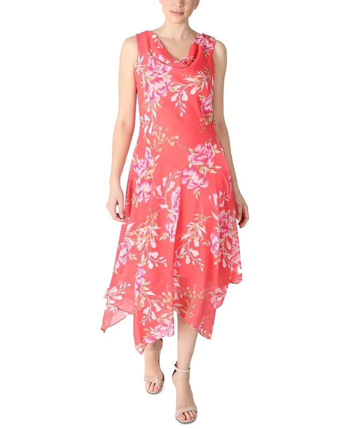 Robbie Bee Petite Floral Handkerchief-Hem Cowl-Neck Dress Women's 8P Coral Multi