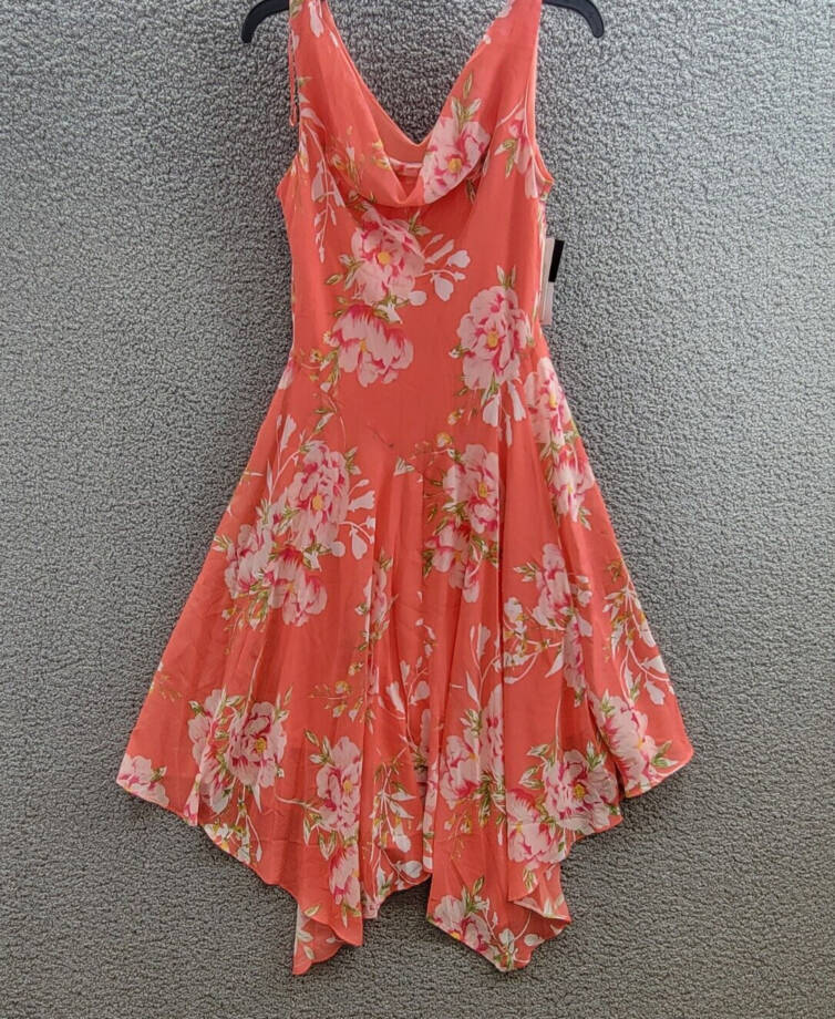 Robbie Bee Petite Floral Handkerchief-Hem Cowl-Neck Dress Women's 8P Coral Multi