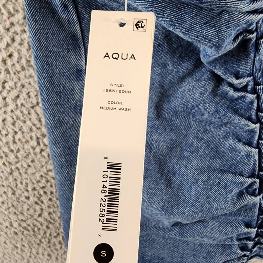 AQUA Asymmetric Ruched Front Mini Skirt Women's S Medium Wash Denim Back Zip