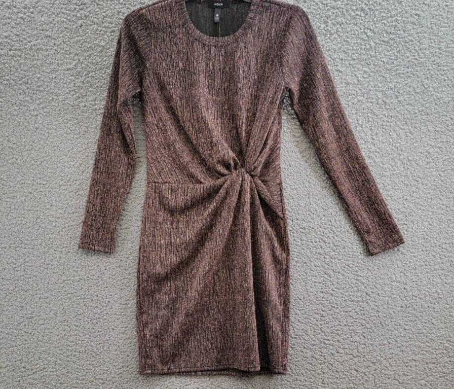 Aqua Metallic Knot Front Mini Dress Women's S Black Rose Gold Crew Neck Pullover