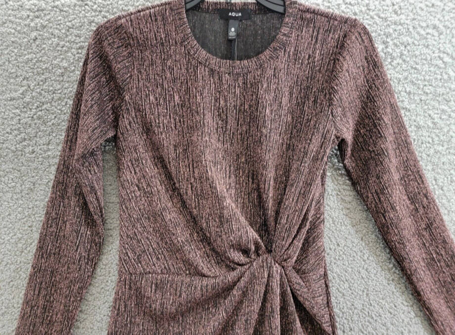 Aqua Metallic Knot Front Mini Dress Women's S Black Rose Gold Crew Neck Pullover