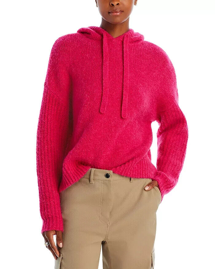 AQUA Long Sleeve Hooded Sweater Women's S Hot Pink Wool Blend Rib Hem Pullover