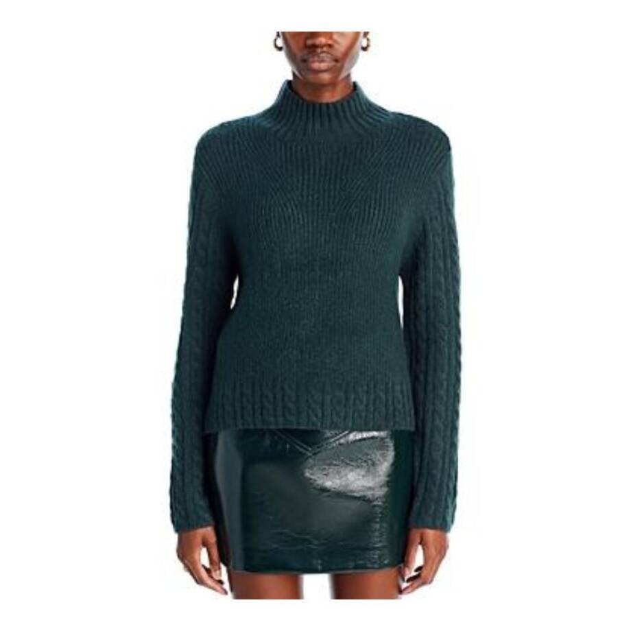 Aqua Mock Neck Cable Sweater Women's M Pine Ribbed Trim Long Sleeve Pullover