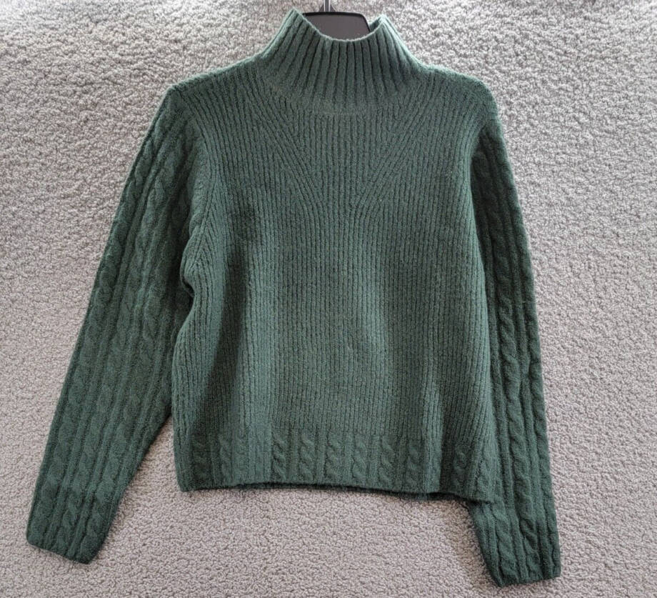 Aqua Mock Neck Cable Sweater Women's M Pine Ribbed Trim Long Sleeve Pullover