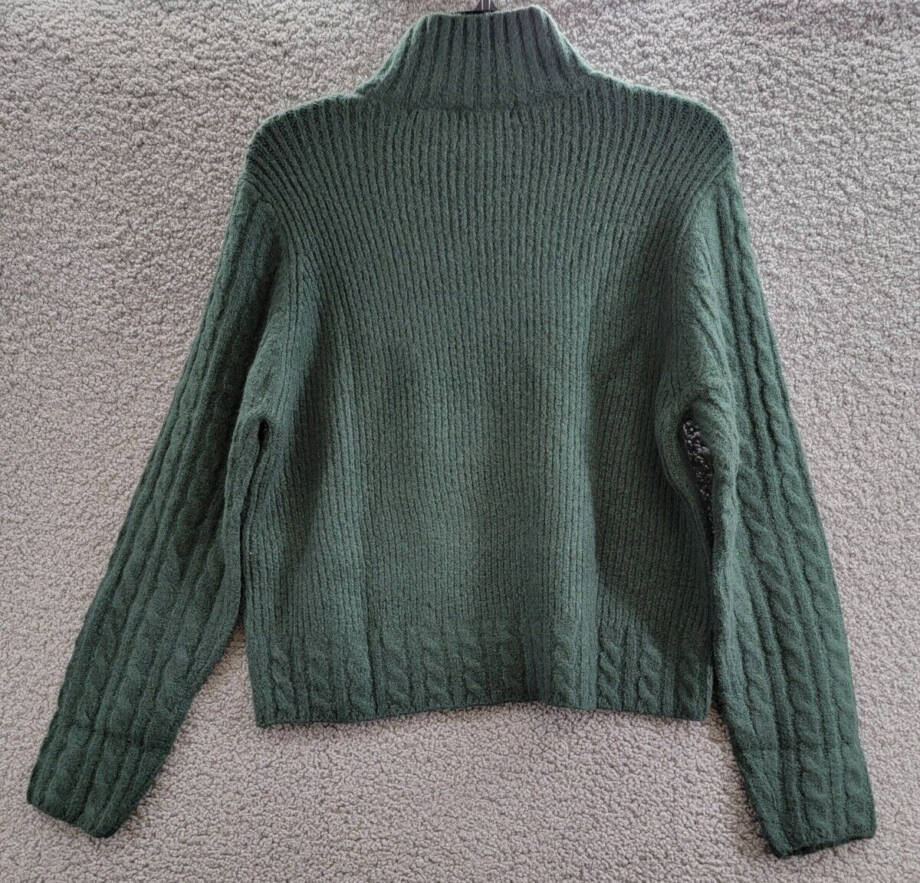 Aqua Mock Neck Cable Sweater Women's M Pine Ribbed Trim Long Sleeve Pullover