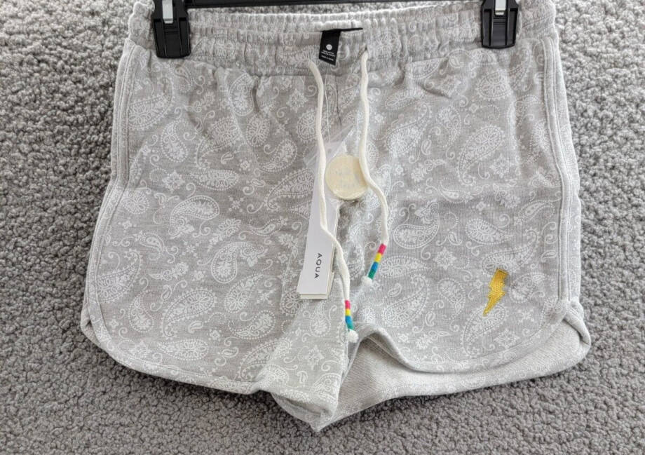 AQUA Camp Bandana Print Lightning Patch Shorts Women's XS Gray Paisley Pull On
