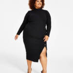 Nina Parker Trendy Plus Size Ribbed Mock-Neck Bodycon Dress Women's 1X Black