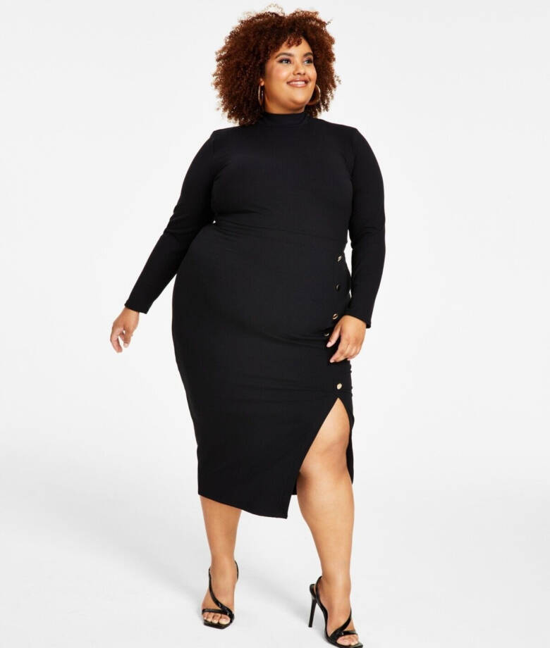 Nina Parker Trendy Plus Size Ribbed Mock-Neck Bodycon Dress Women's 1X Black