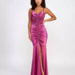 BCX Ruched Mermaid Dress Juniors' 1 Plum Front Slit V-Neck Back Zip Closure