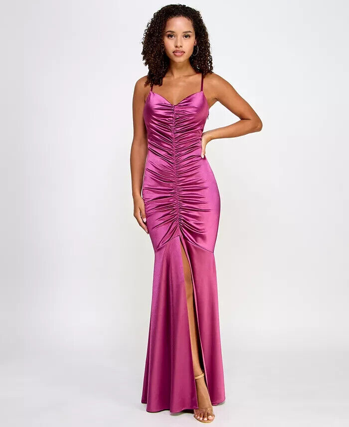 BCX Ruched Mermaid Dress Juniors' 1 Plum Front Slit V-Neck Back Zip Closure
