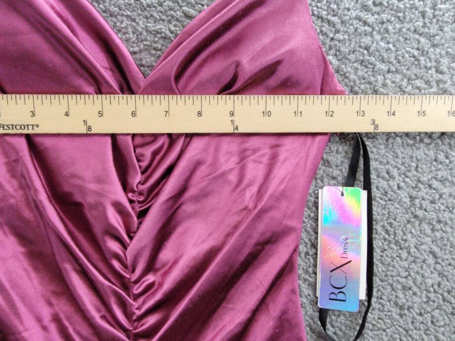 BCX Ruched Mermaid Dress Juniors' 1 Plum Front Slit V-Neck Back Zip Closure