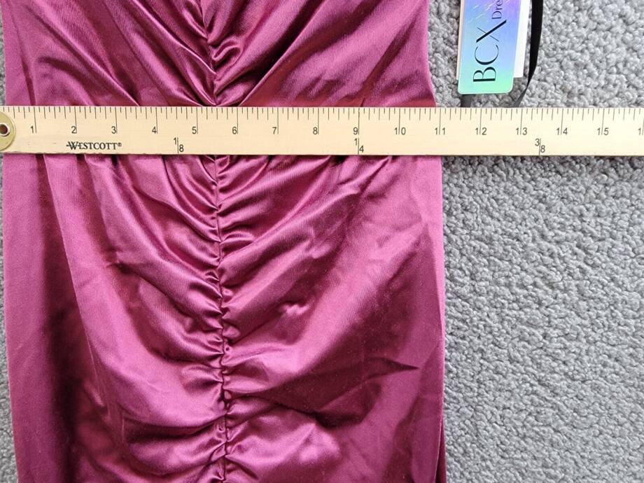 BCX Ruched Mermaid Dress Juniors' 1 Plum Front Slit V-Neck Back Zip Closure
