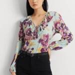Lauren Ralph Lauren Linen-Blend Ruffled Floral Top Women's XL Multi V-Neck L/S