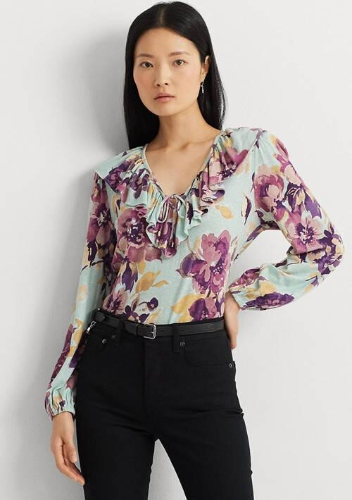 Lauren Ralph Lauren Linen-Blend Ruffled Floral Top Women's XL Multi V-Neck L/S