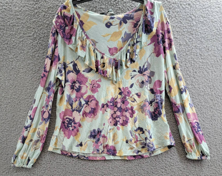 Lauren Ralph Lauren Linen-Blend Ruffled Floral Top Women's XL Multi V-Neck L/S