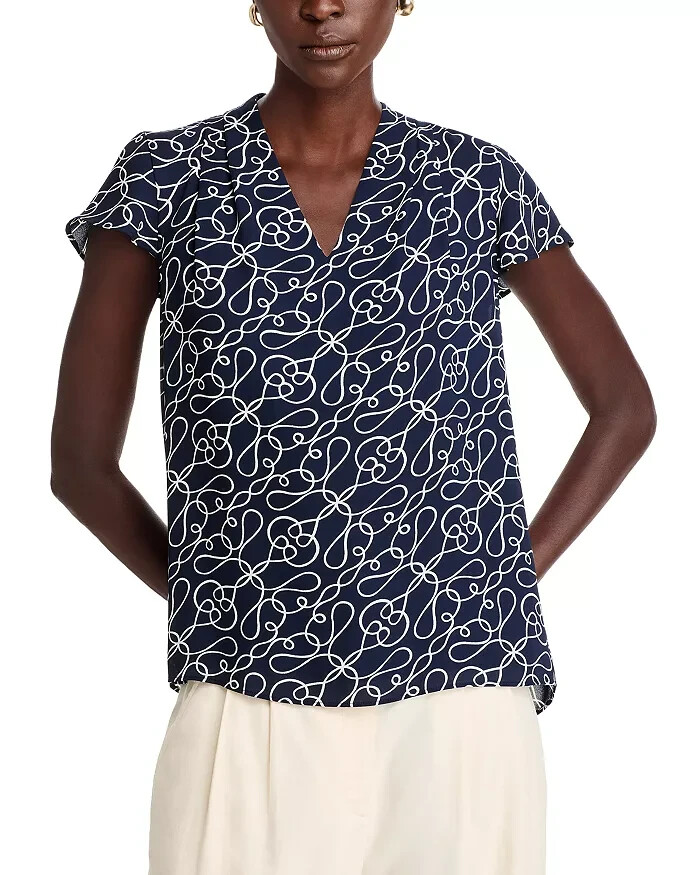 T Tahari Printed Blouse Women's XS Navy/White V-Neck Pleat Short Sleeve Pullover