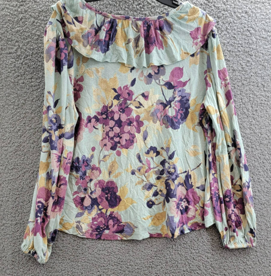 Lauren Ralph Lauren Linen-Blend Ruffled Floral Top Women's XL Multi V-Neck L/S