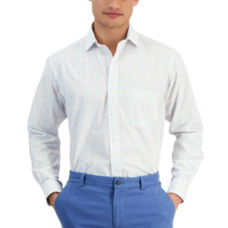 Club Room Regular Fit Performance Dress Shirt Men's 18 34-35 Orange/Aqua L/S
