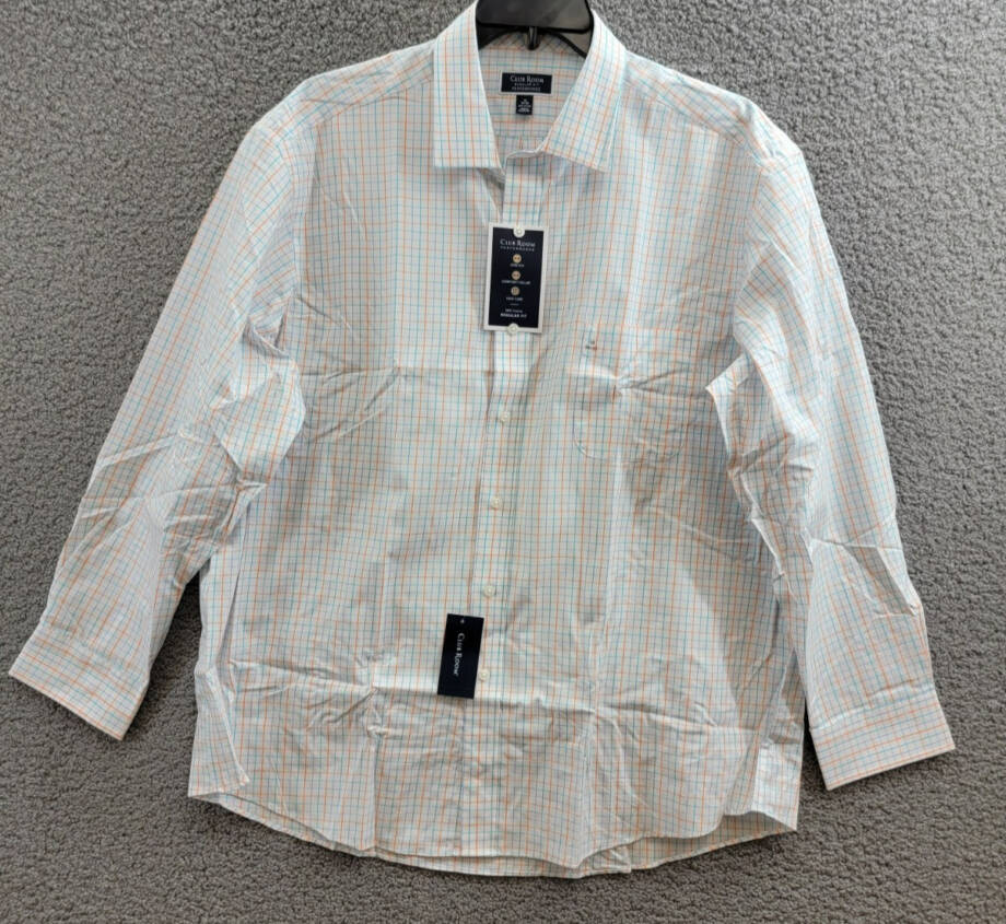 Club Room Regular Fit Performance Dress Shirt Men's 18 34-35 Orange/Aqua L/S