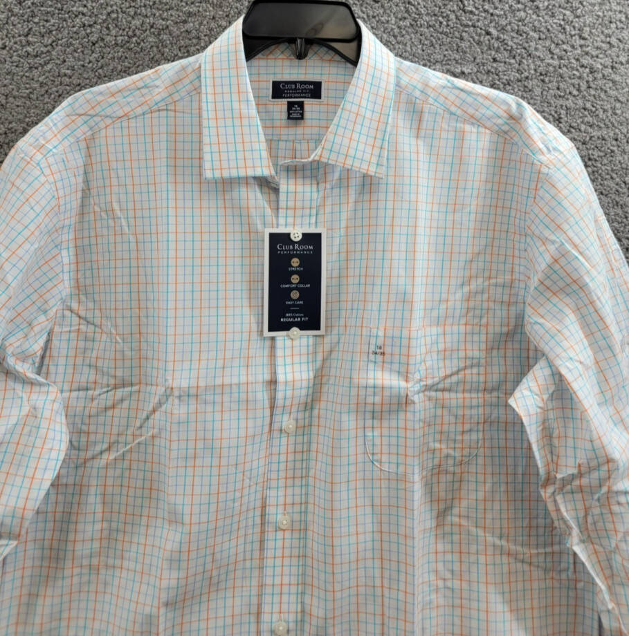 Club Room Regular Fit Performance Dress Shirt Men's 18 34-35 Orange/Aqua L/S