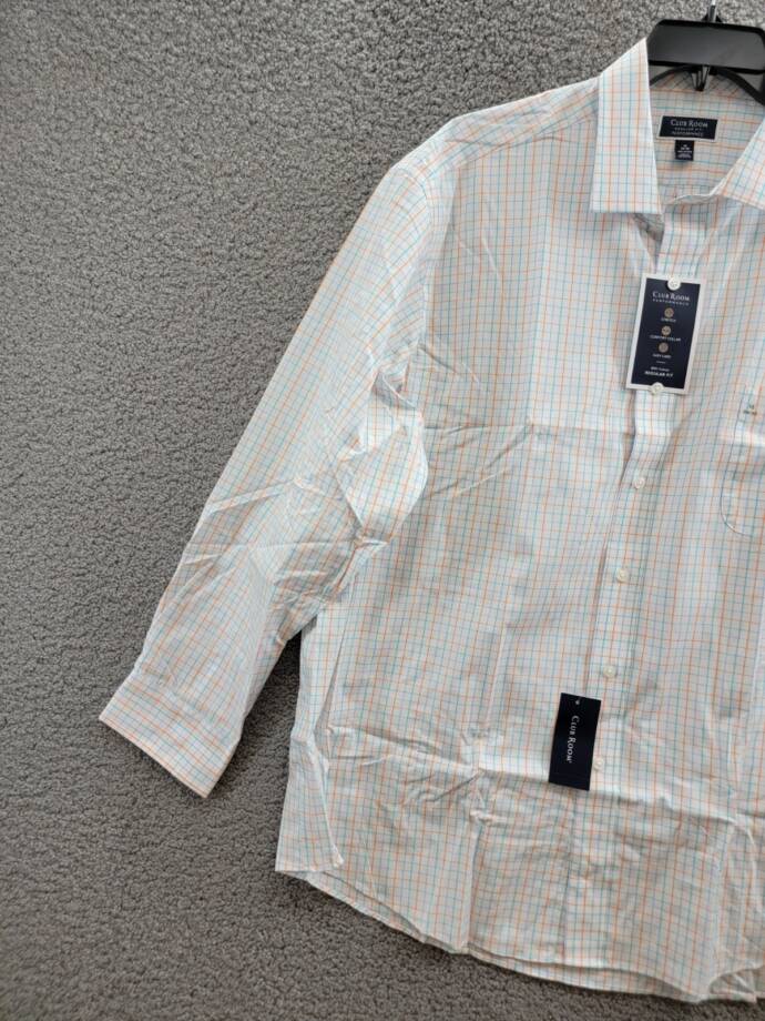 Club Room Regular Fit Performance Dress Shirt Men's 18 34-35 Orange/Aqua L/S