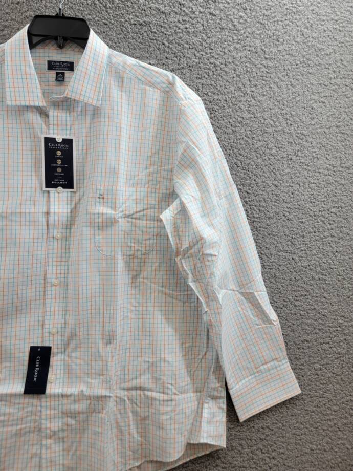 Club Room Regular Fit Performance Dress Shirt Men's 18 34-35 Orange/Aqua L/S