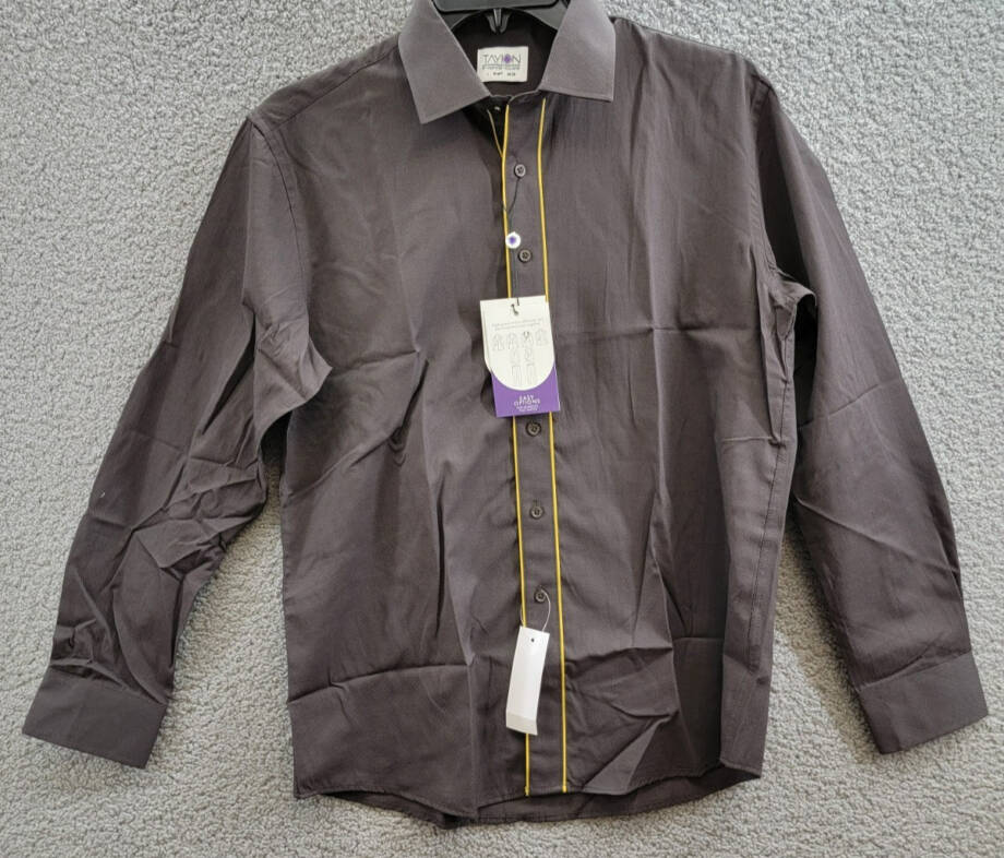 Tayion Collection Slim Fit Dress Shirt Men's L 16-16.5 32-33 Brown & Gold L/S