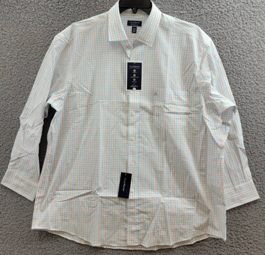Club Room Regular Fit Performance Dress Shirt Men's 17.5 32-33 Orange/Aqua L/S