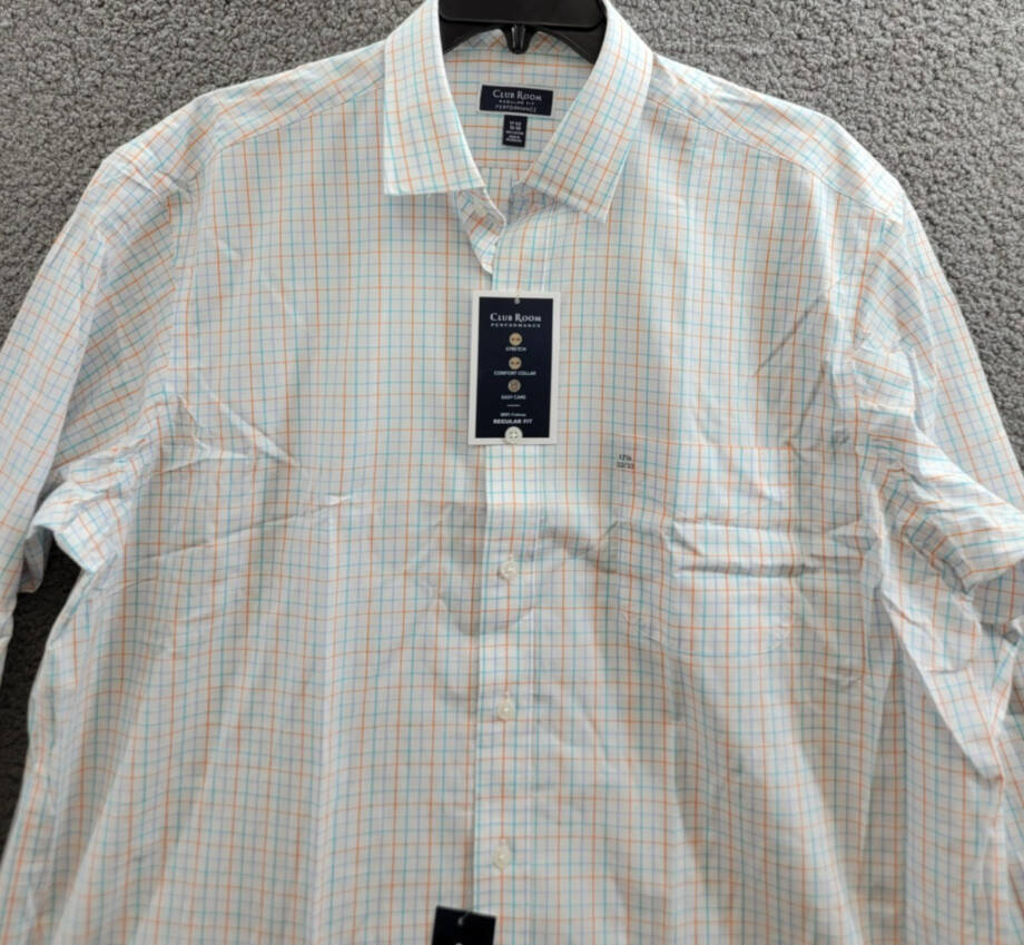 Club Room Regular Fit Performance Dress Shirt Men's 17.5 32-33 Orange/Aqua L/S