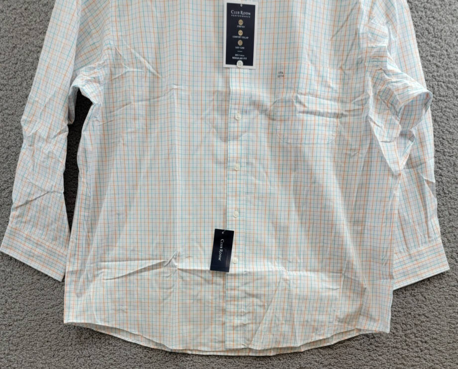 Club Room Regular Fit Performance Dress Shirt Men's 17.5 32-33 Orange/Aqua L/S