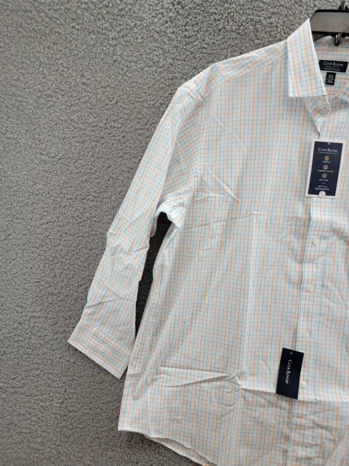 Club Room Regular Fit Performance Dress Shirt Men's 17.5 32-33 Orange/Aqua L/S