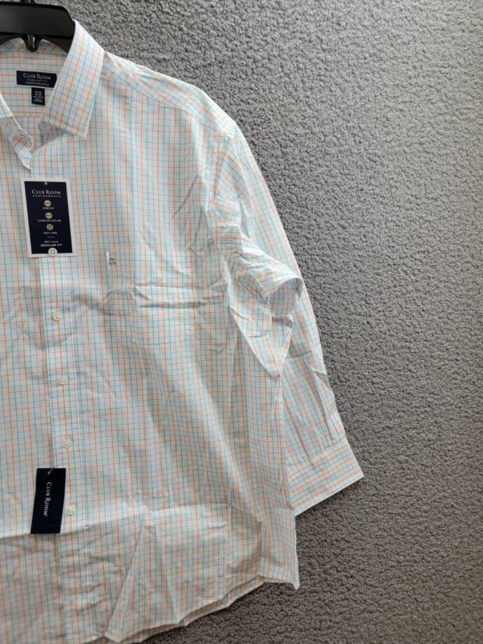 Club Room Regular Fit Performance Dress Shirt Men's 17.5 32-33 Orange/Aqua L/S
