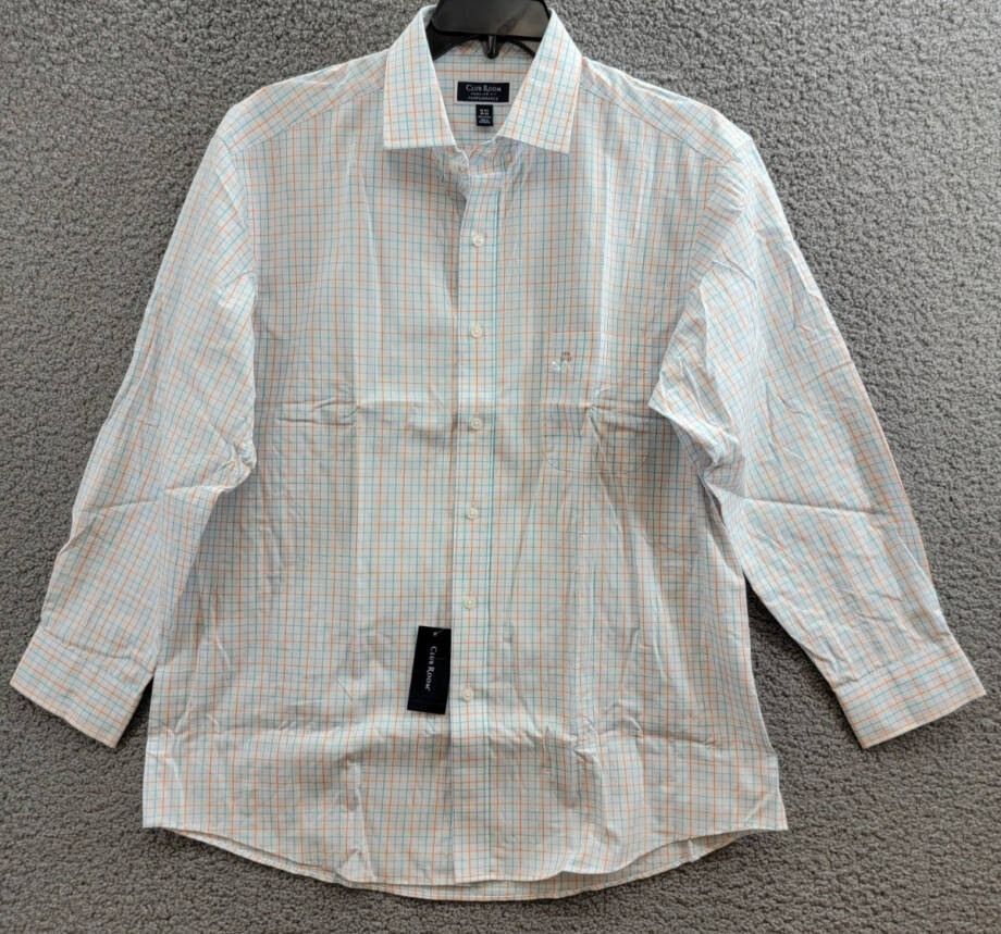 Club Room Regular Fit Performance Dress Shirt Men's 16.5 32-33 Orange/Aqua L/S
